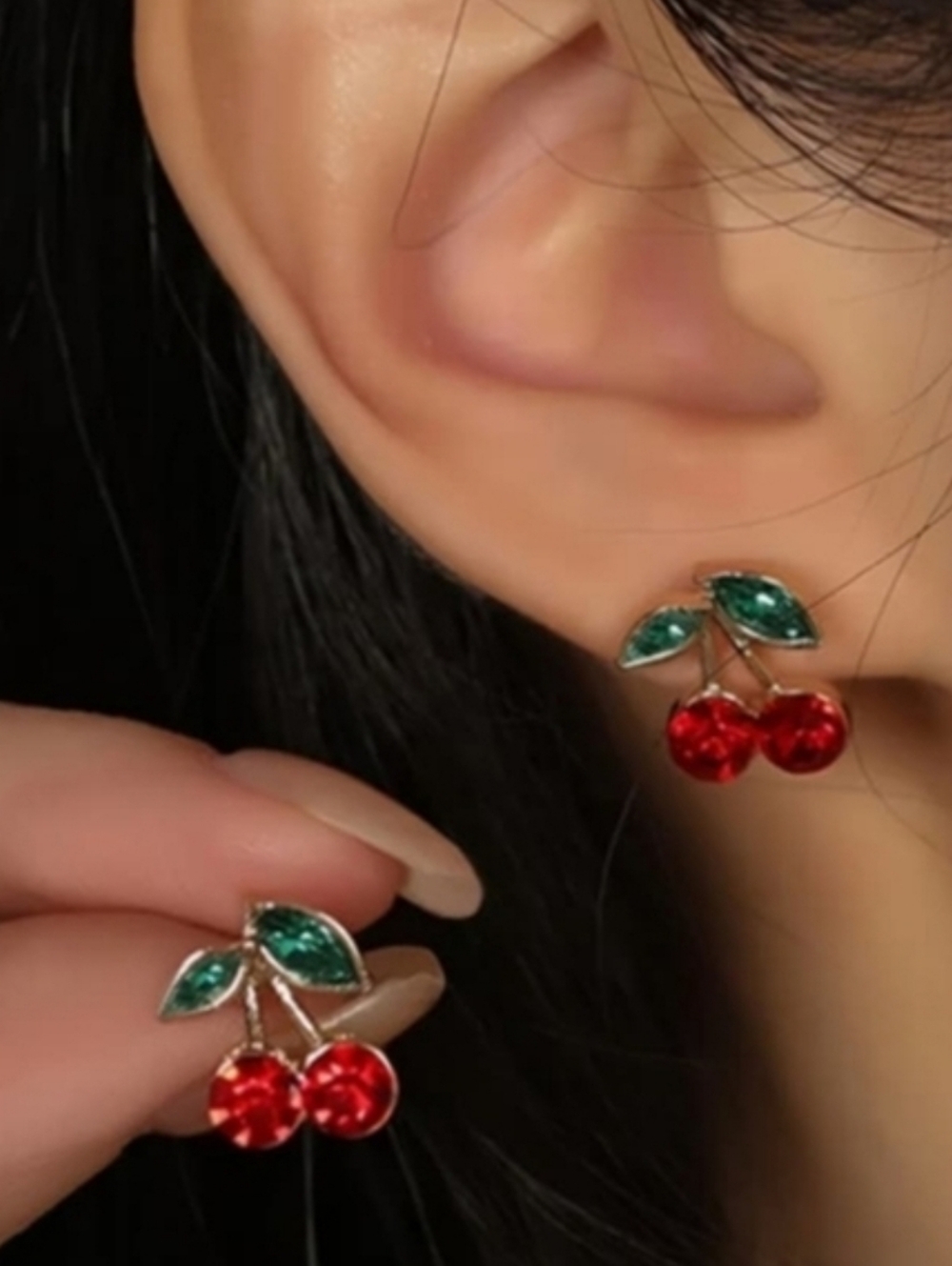 Cherry Stud Earrings Red Gold Tone Zircon Cute Fruit Jewelry